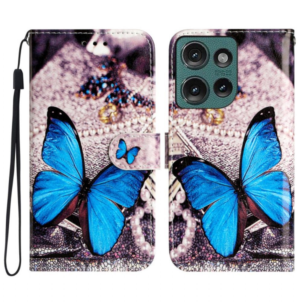 Leren Hoesje Voor Motorola Edge 50 Blauwe Vlinder Met Riem