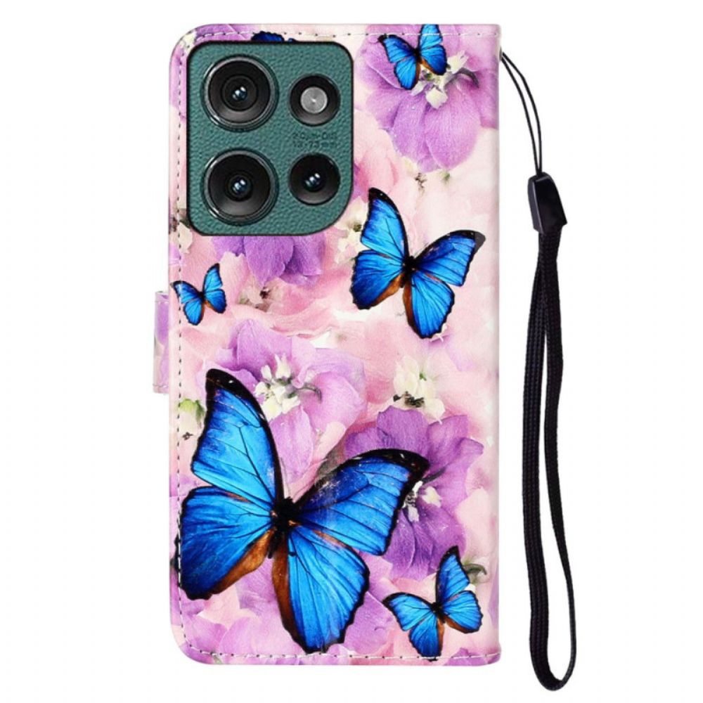 Leren Hoesje Voor Motorola Edge 50 Paarse Bloemen En Blauwe Vlinders Premium