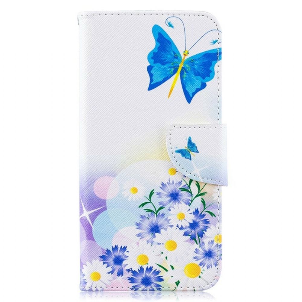 Leren Hoesje voor Samsung Galaxy A10 Geschilderde Vlinders En Bloemen