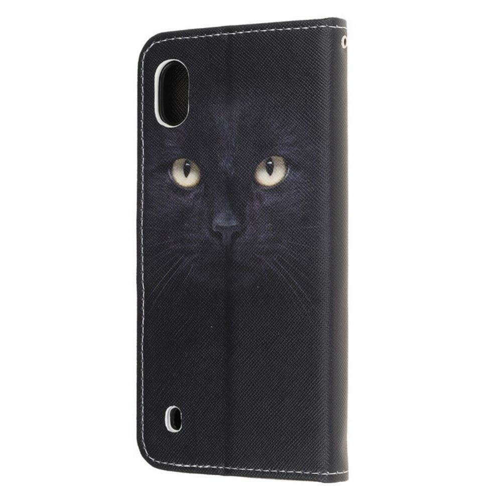 Leren Hoesje voor Samsung Galaxy A10 Met Ketting Zwarte Kattenogen Met Riem