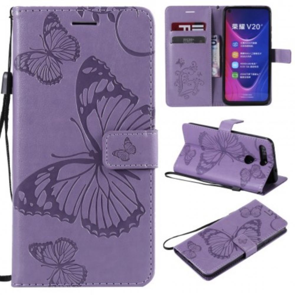 Leren Hoesje voor Honor View 20 Met Ketting Reusachtige Vlinders Met Bandjes