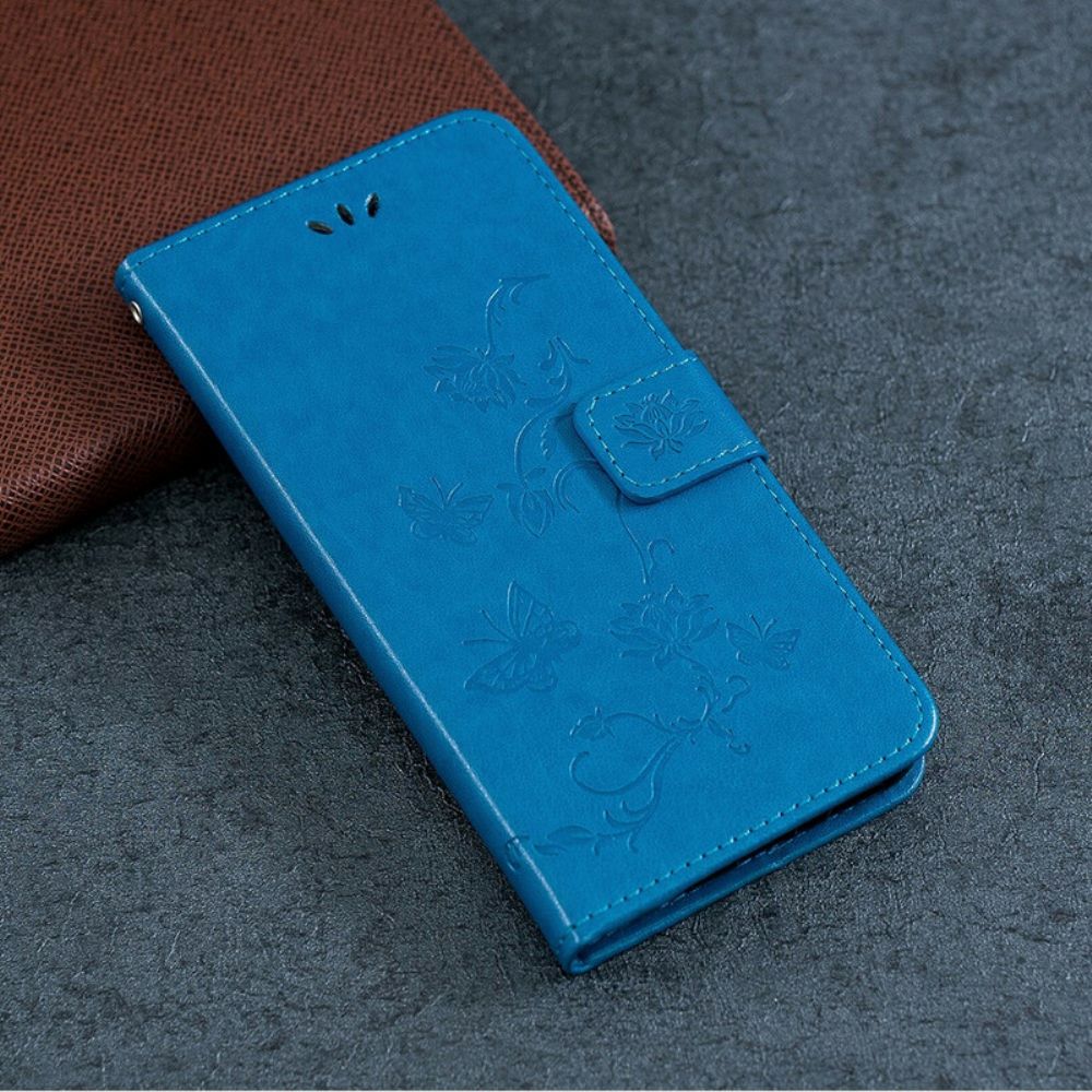 Leren Hoesje voor Sony Xperia 5 Met Ketting Thong Vlinders En Bloemen