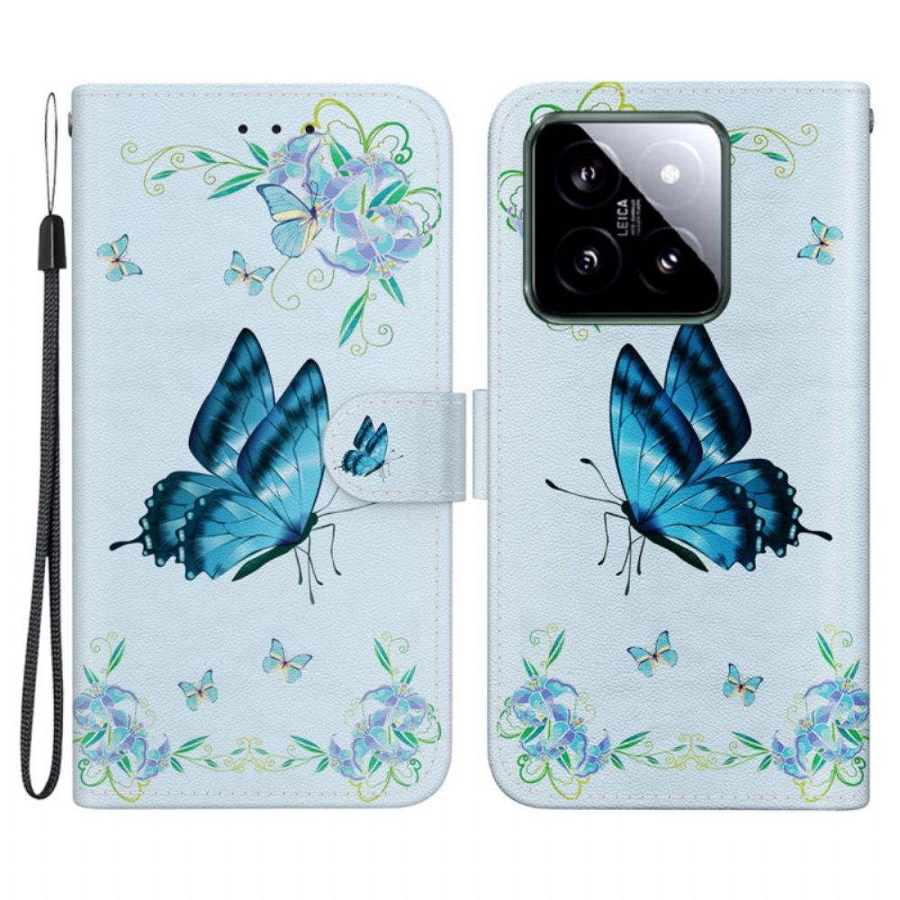 Folio-hoesje Xiaomi 14 Blauwe Vlinder En Bloemen