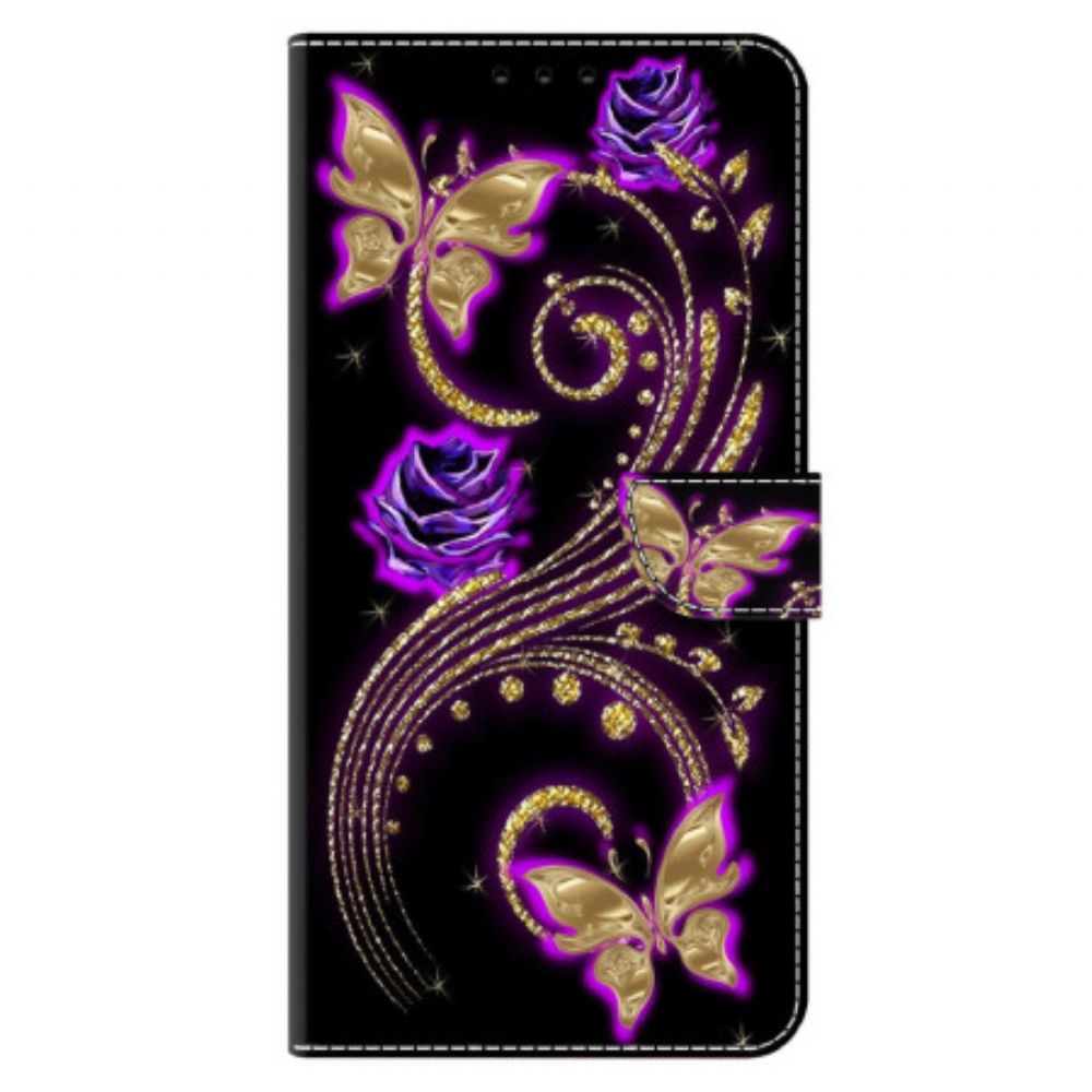 Folio-hoesje Xiaomi 14 Telefoonhoesje Paarse Bloemen En Vlinders