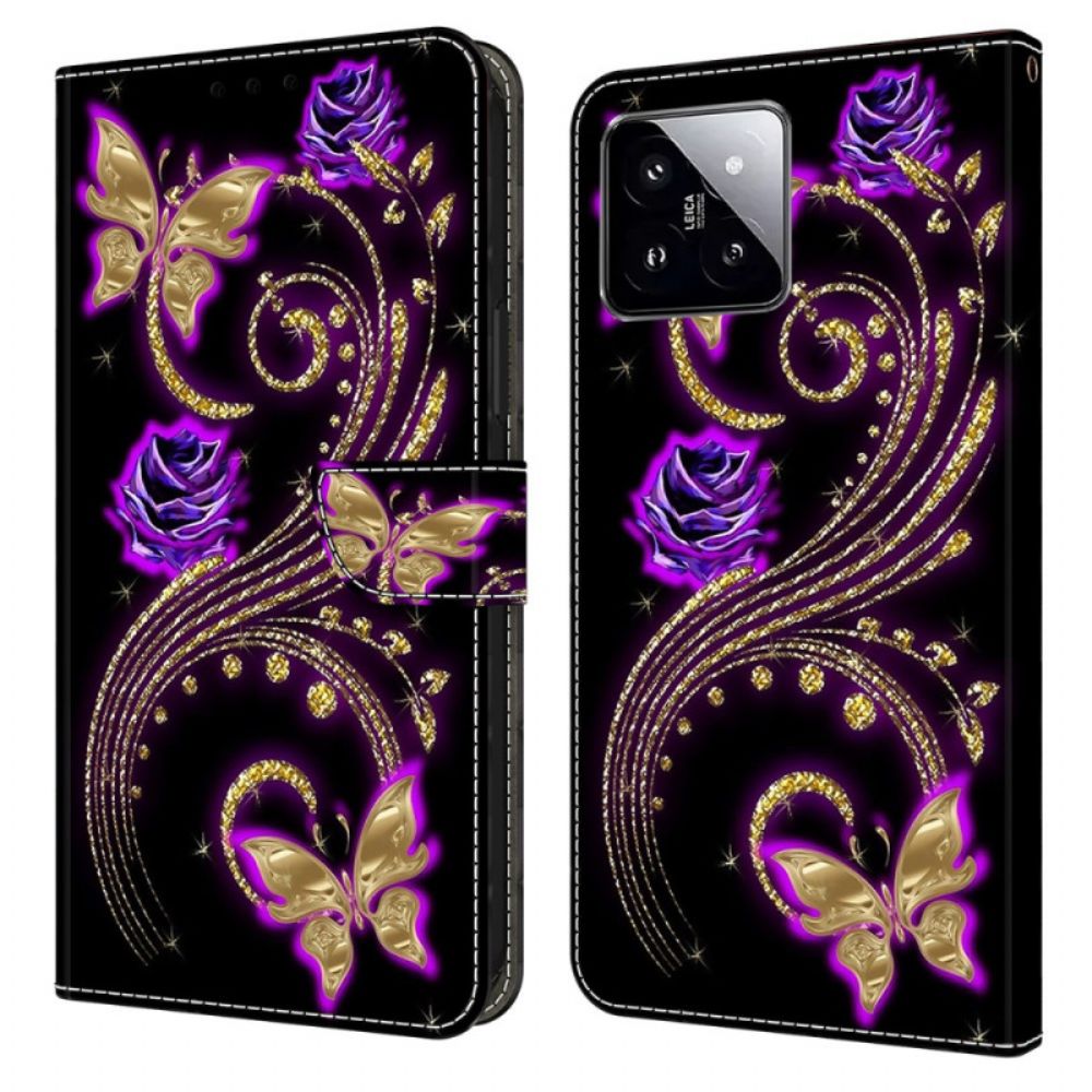 Folio-hoesje Xiaomi 14 Telefoonhoesje Paarse Bloemen En Vlinders