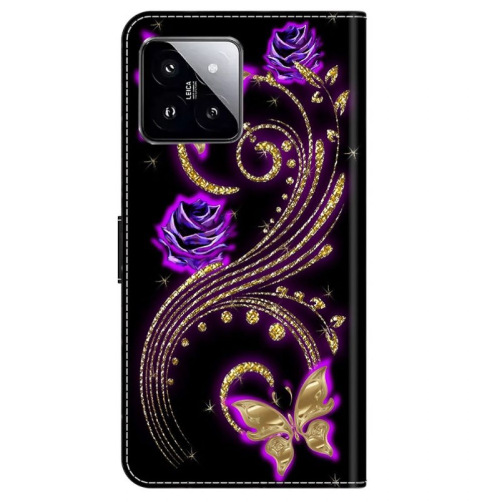 Folio-hoesje Xiaomi 14 Telefoonhoesje Paarse Bloemen En Vlinders