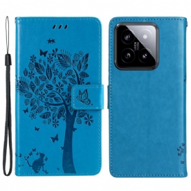 Leren Hoesje Voor Xiaomi 14 Katten- En Leeflijnboom