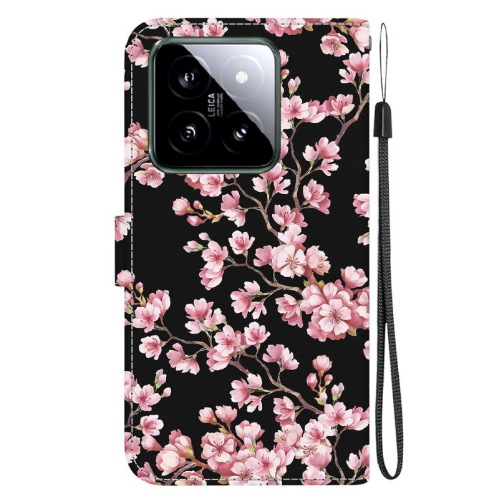 Leren Hoesje Voor Xiaomi 14 Vastgebonden Pruimenbloesems