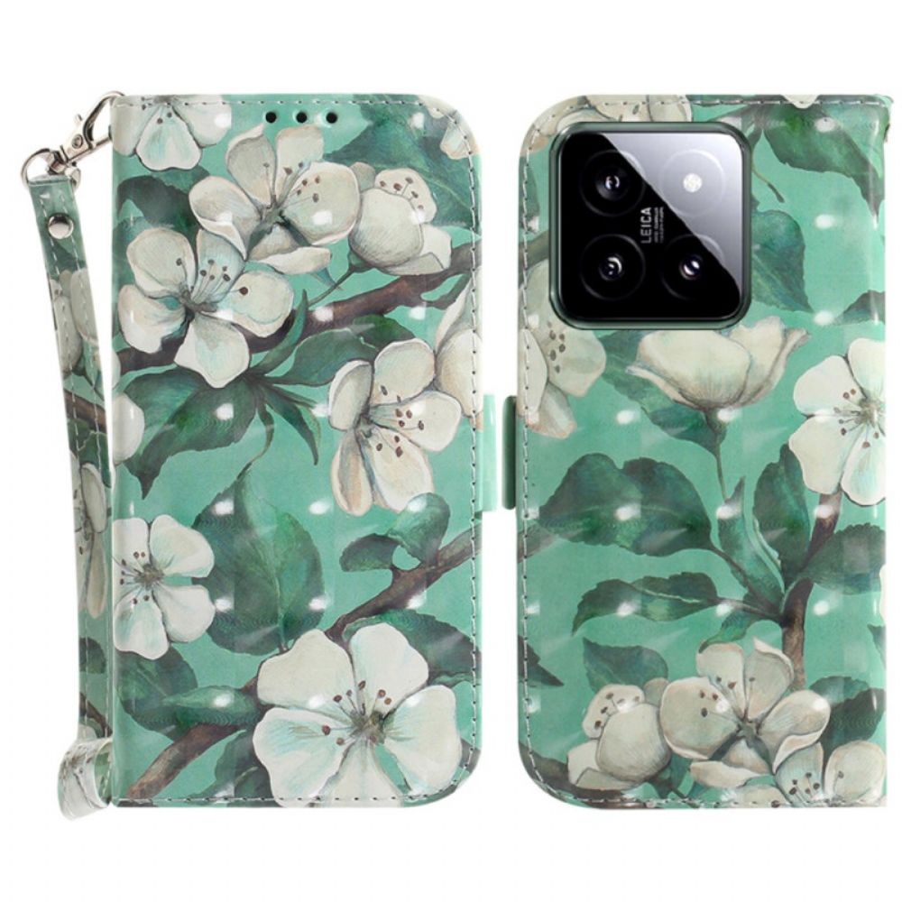 Leren Hoesje Xiaomi 14 Aquarelbloemen Met Riempje Bescherming Hoesje