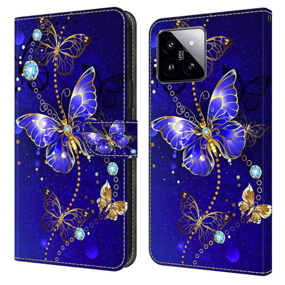 Leren Hoesje Xiaomi 14 Diamantvlinders Bescherming Hoesje