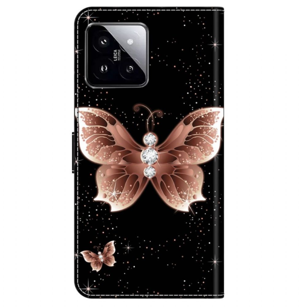 Leren Hoesje Xiaomi 14 Roze Diamanten Vlinder Bescherming Hoesje