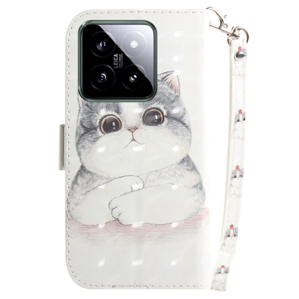 Leren Hoesje Xiaomi 14 Schattige Kat Met Riem Bescherming Hoesje