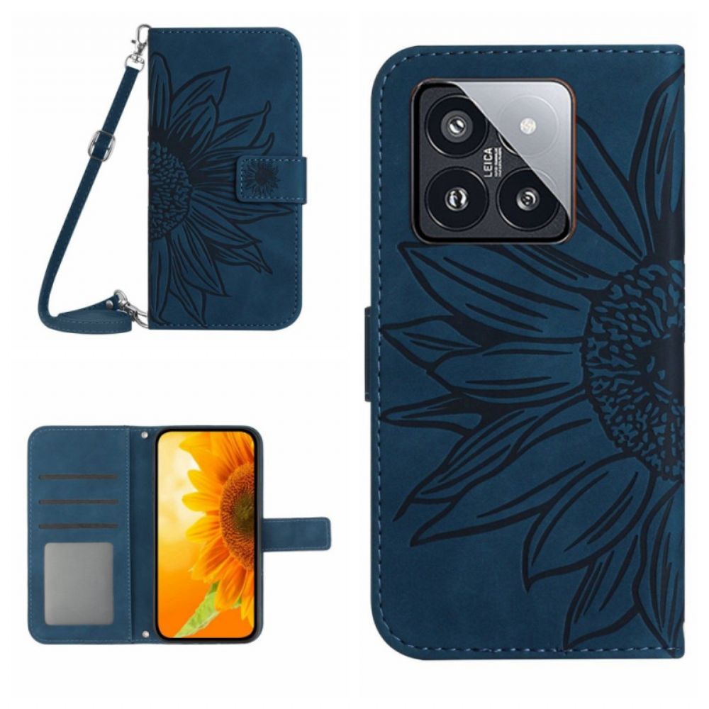 Leren Hoesje Xiaomi 14 Zonnebloemen En Schouderband Bescherming Hoesje