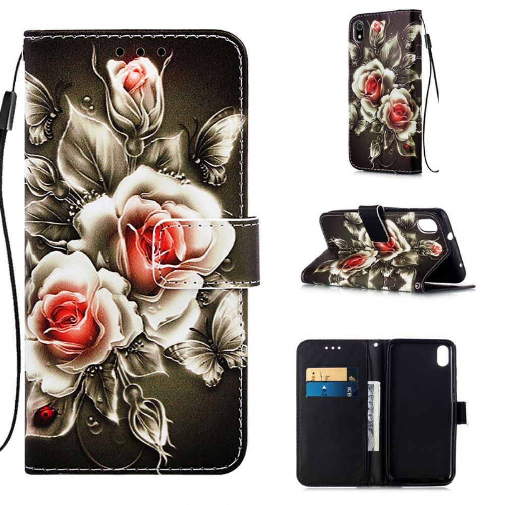 Leren Hoesje voor Xiaomi Redmi 7A Met Ketting Zwarte Roos Met Riem