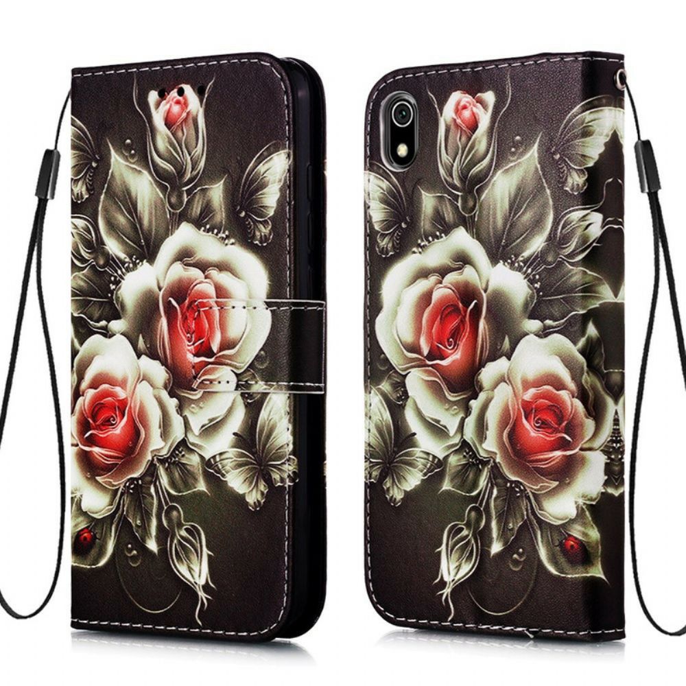 Leren Hoesje voor Xiaomi Redmi 7A Met Ketting Zwarte Roos Met Riem