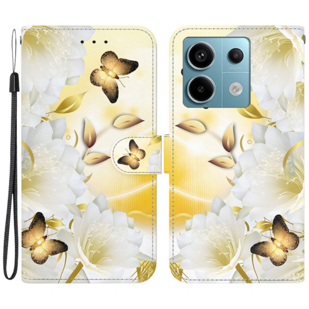 Leren Hoesje Voor Xiaomi Redmi Note 13 Pro 5g Gouden Vlinders En Witte Bloemen Met Riempje