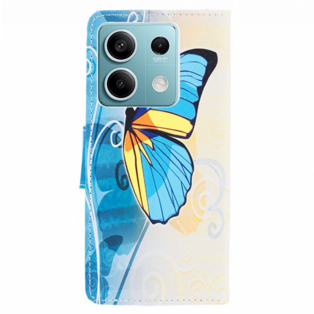 Leren Hoesje Xiaomi Redmi Note 13 Pro 5g Gele En Blauwe Vlinder Bescherming Hoesje