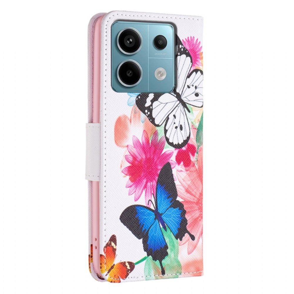 Leren Hoesje Xiaomi Redmi Note 13 Pro 5g Twee Aquarelvlinders Bescherming Hoesje