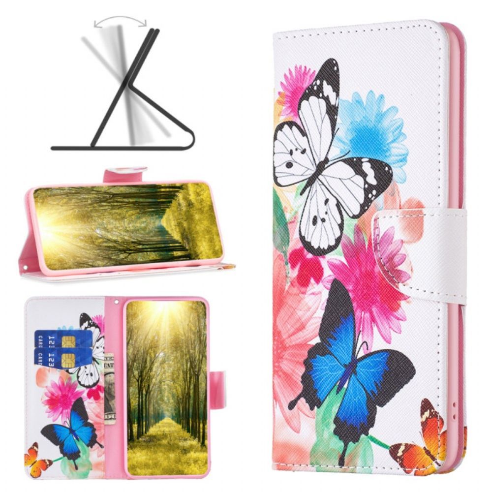 Leren Hoesje Xiaomi Redmi Note 13 Pro 5g Twee Aquarelvlinders Bescherming Hoesje