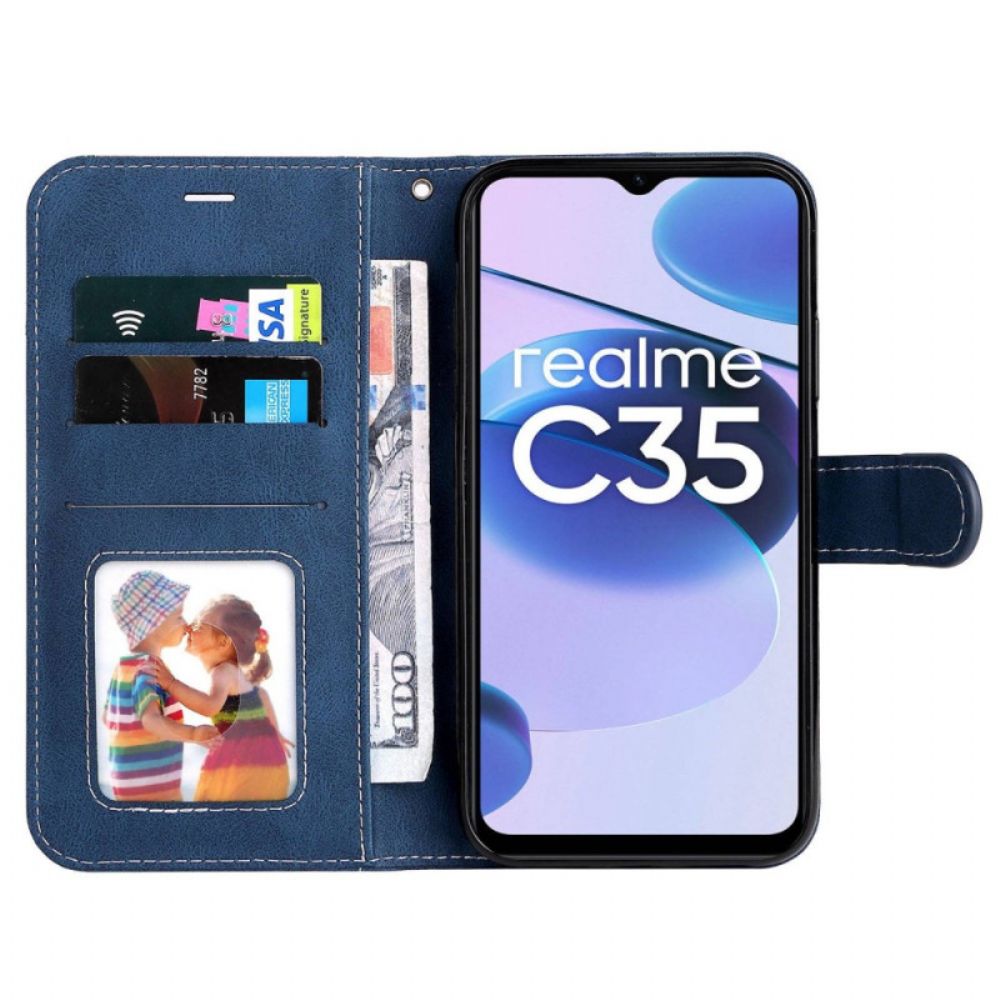 Folio-hoesje voor Realme C35 Met Ketting Driekleurige Kunstleren Band