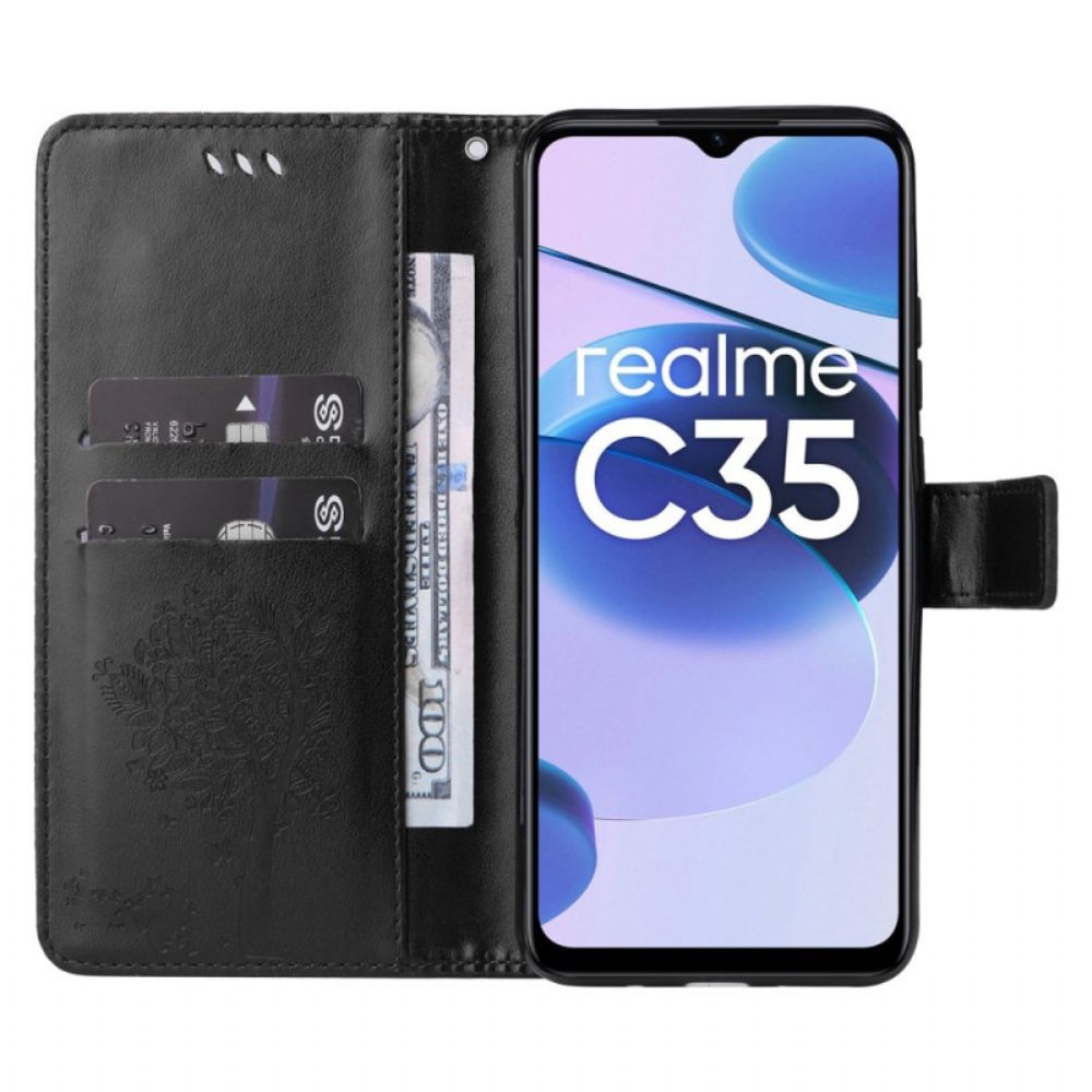 Leren Hoesje voor Realme C35 Met Ketting Thong Vlinder Krabpaal