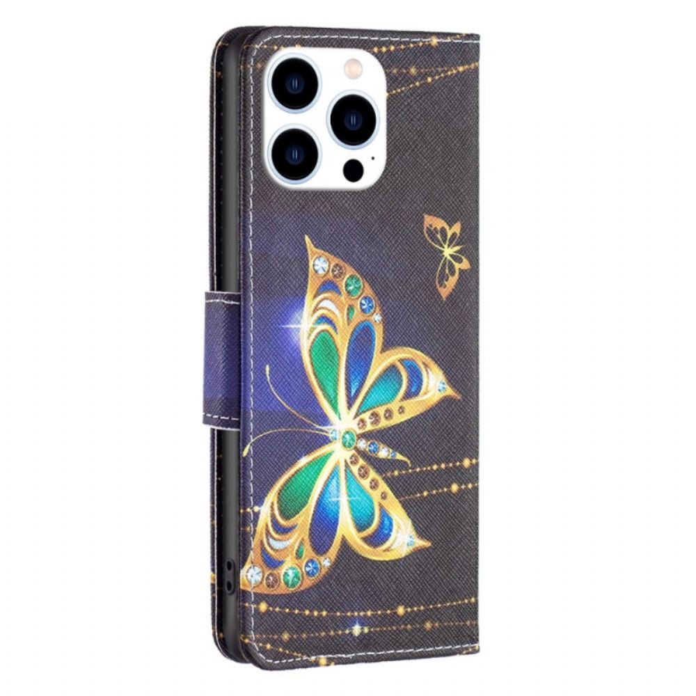 Folio-hoesje voor iPhone 14 Pro Gouden Vlinder