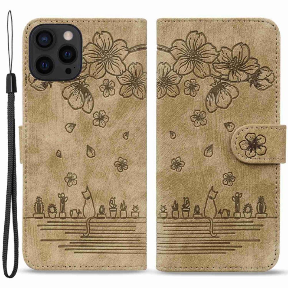 Folio-hoesje voor iPhone 14 Pro Met Ketting Thong Kat Print