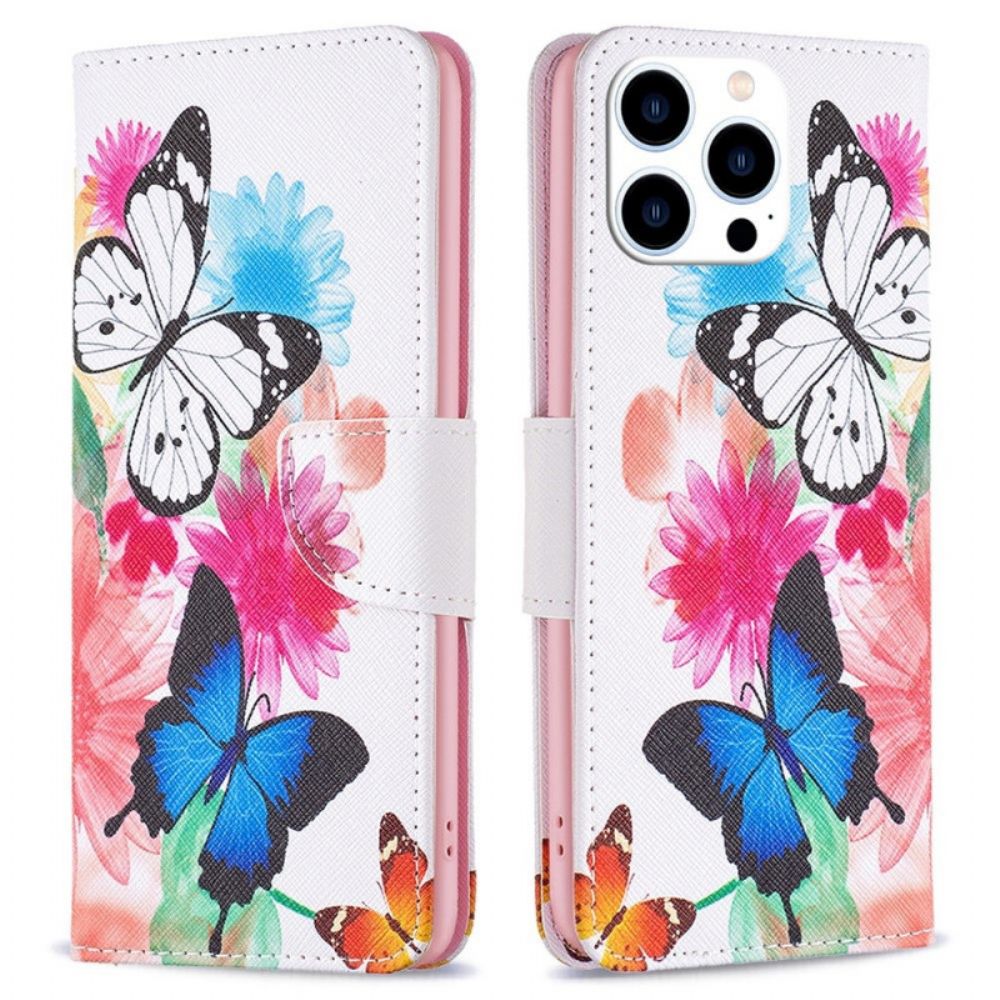 Leren Hoesje voor iPhone 14 Pro Aquarel Vlinders