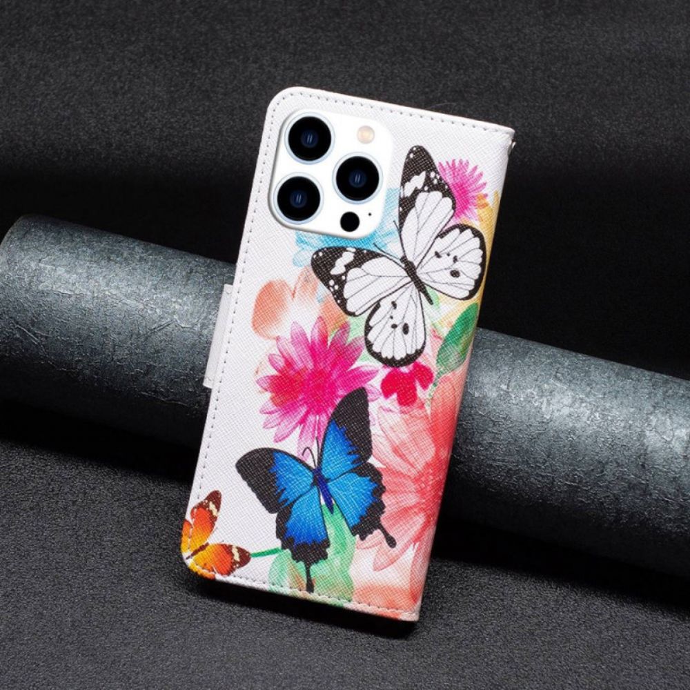 Leren Hoesje voor iPhone 14 Pro Aquarel Vlinders