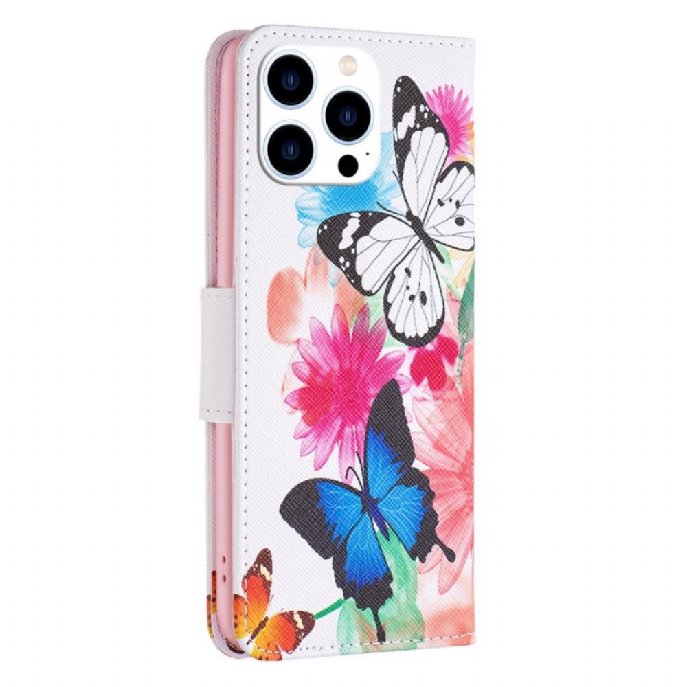 Leren Hoesje voor iPhone 14 Pro Aquarel Vlinders