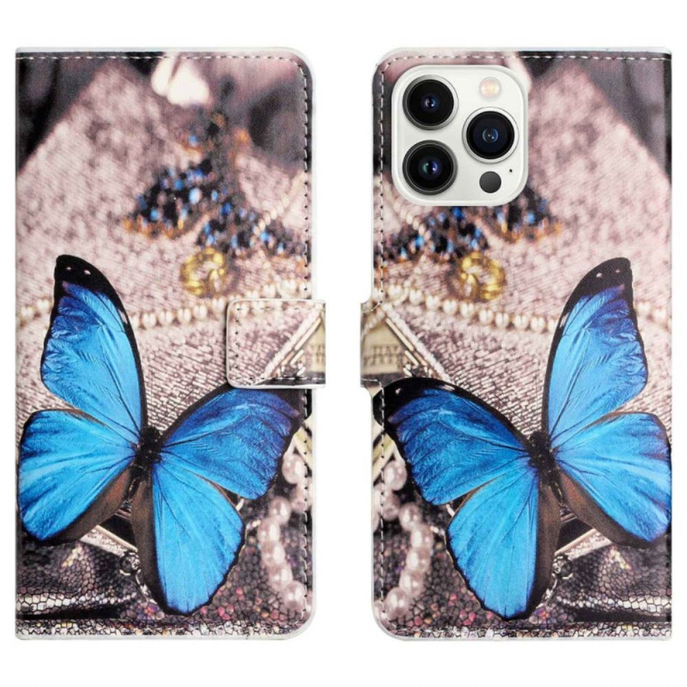 Leren Hoesje voor iPhone 14 Pro Blauwe Vlinder