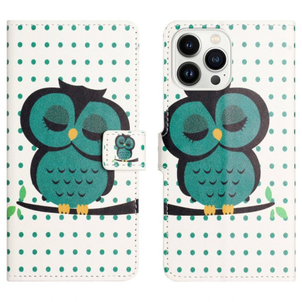 Leren Hoesje voor iPhone 14 Pro Slapende Uil