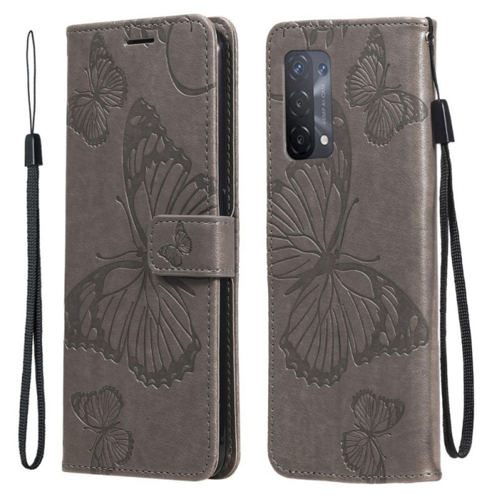 Leren Hoesje voor Oppo A74 4G Met Ketting Reusachtige Vlinders Met Bandjes