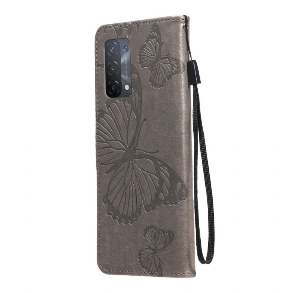 Leren Hoesje voor Oppo A74 4G Met Ketting Reusachtige Vlinders Met Bandjes