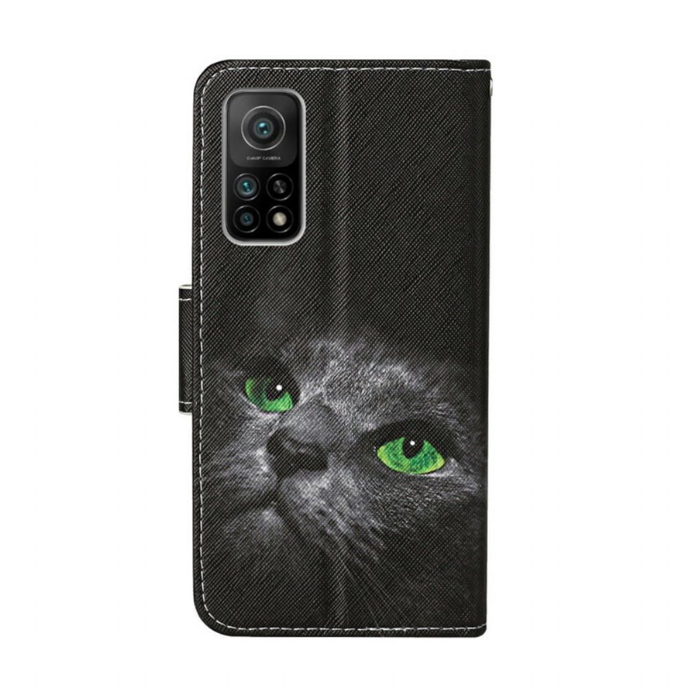 Folio-hoesje voor Xiaomi Mi 10T / 10T Pro Kat Met Groene Ogen En Koord