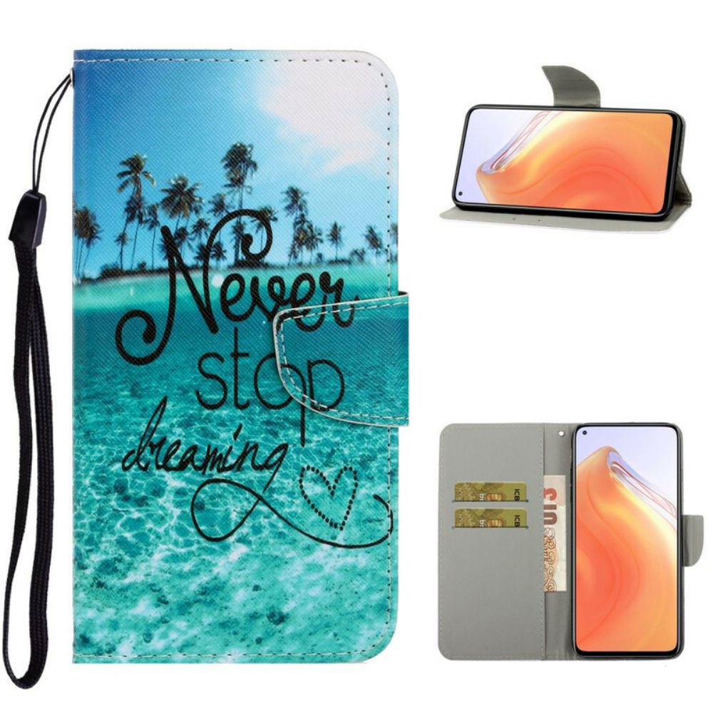 Folio-hoesje voor Xiaomi Mi 10T / 10T Pro Met Ketting Stop Nooit Met Dromen Marineblauwe Strappy