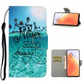 Folio-hoesje voor Xiaomi Mi 10T / 10T Pro Met Ketting Stop Nooit Met Dromen Marineblauwe Strappy