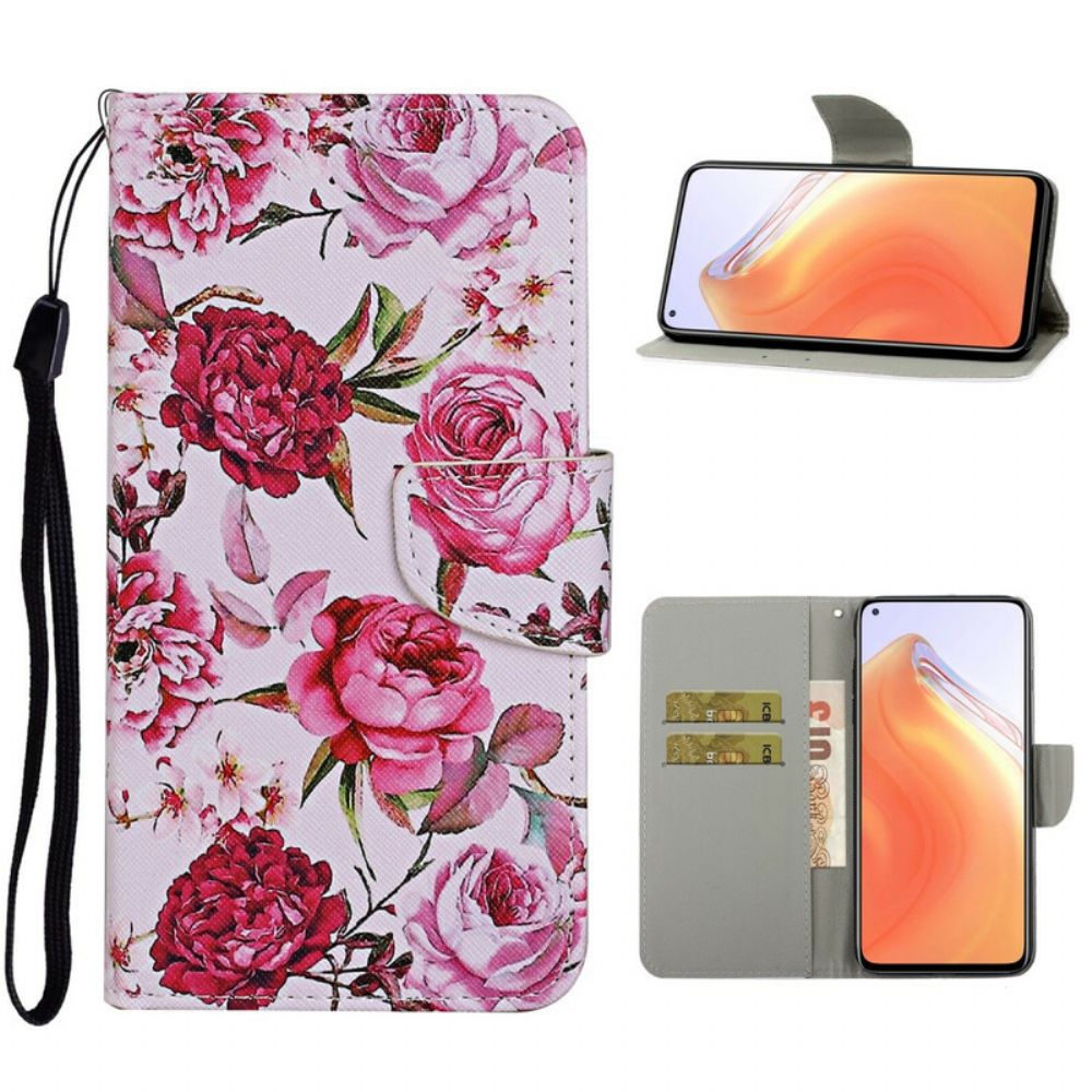 Leren Hoesje voor Xiaomi Mi 10T / 10T Pro Meesterlijke Bloemen Met Riem