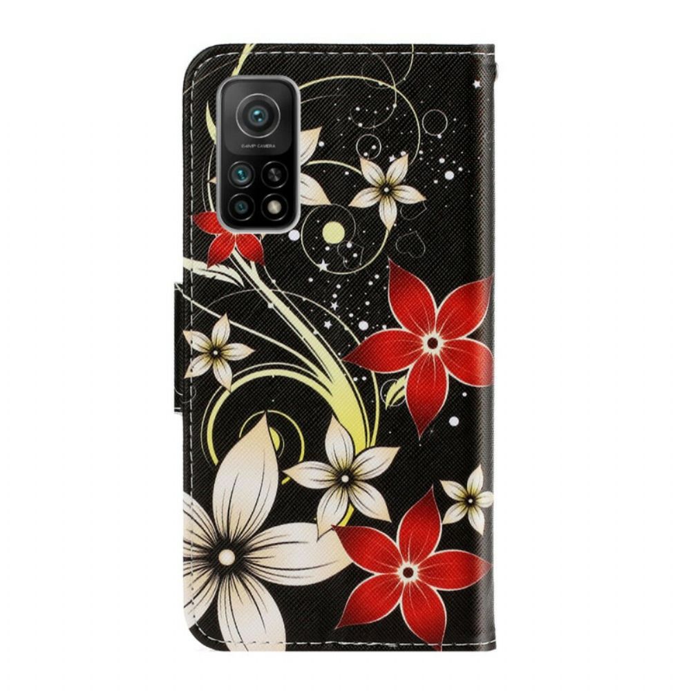 Leren Hoesje voor Xiaomi Mi 10T / 10T Pro Met Ketting Kleurrijke Band Bloemen