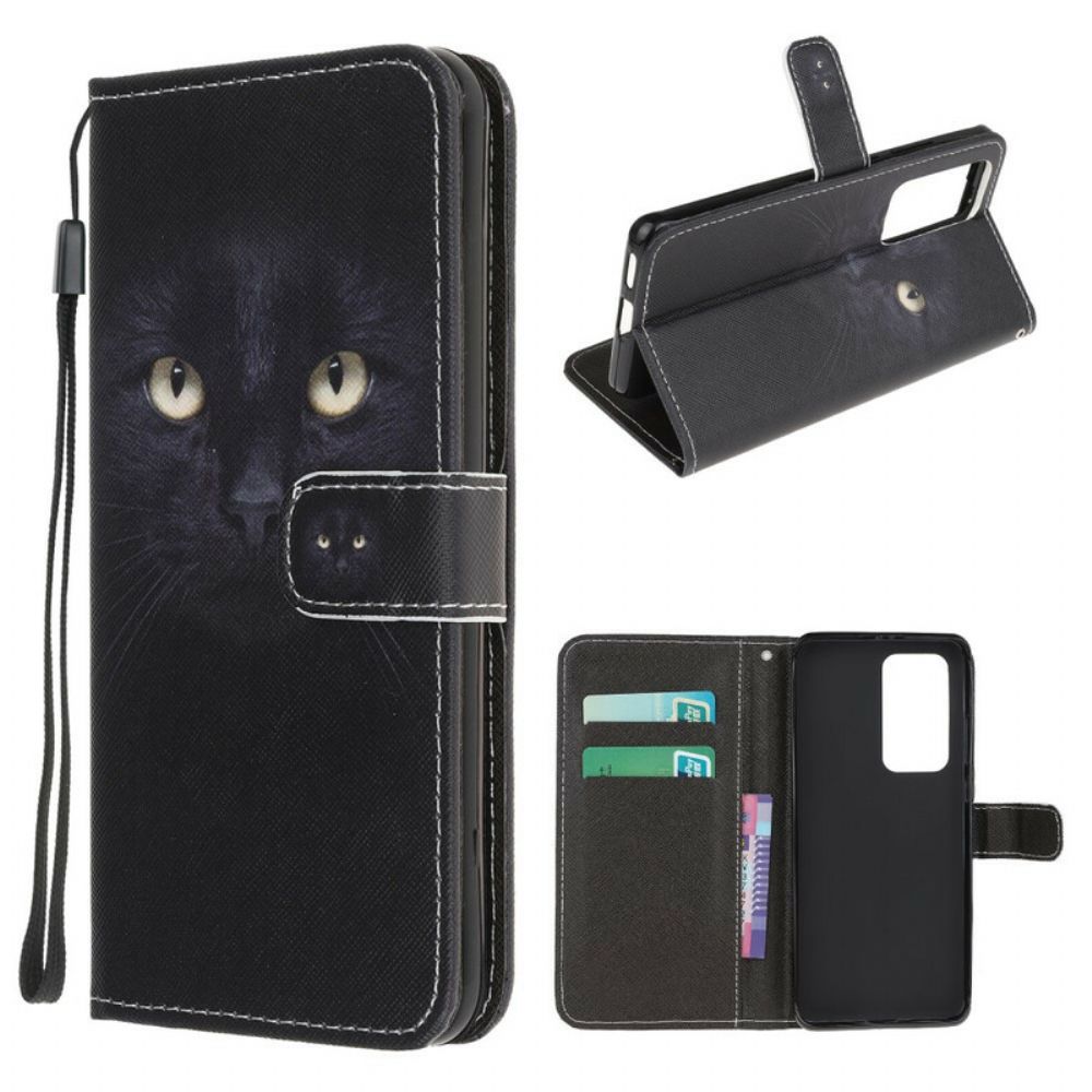 Leren Hoesje voor Xiaomi Mi 10T / 10T Pro Met Ketting Zwarte Kattenogen Met Riem