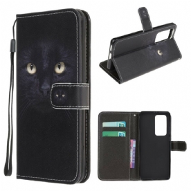 Leren Hoesje voor Xiaomi Mi 10T / 10T Pro Met Ketting Zwarte Kattenogen Met Riem