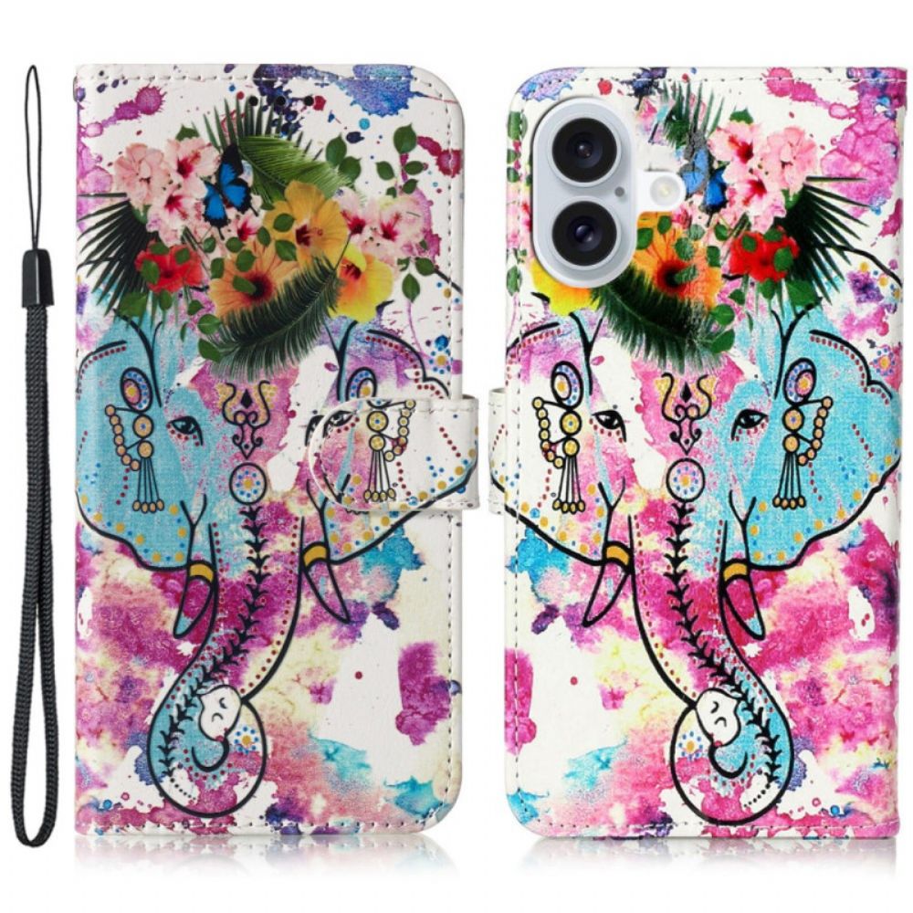 Flip Case Leren iPhone 16 Plus Bloemenolifant Met Riem