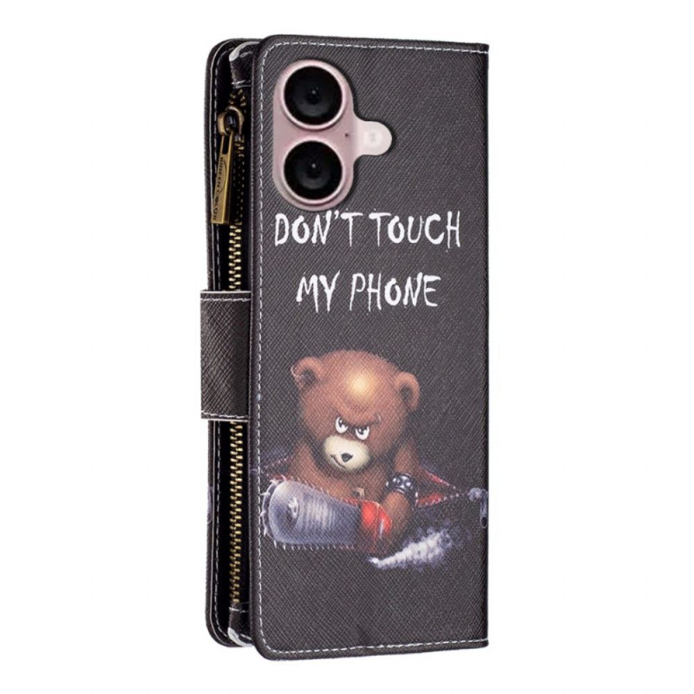 Flip Case Leren iPhone 16 Plus Dangerous Bear Portemonnee Met Riempje