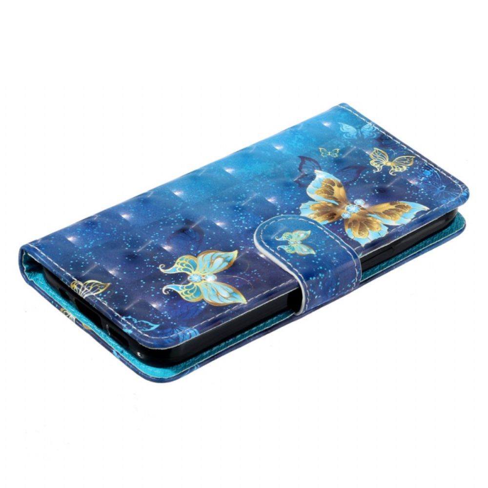 Folio-hoesje iPhone 16 Plus Blauwgouden Vlinders Met Riem