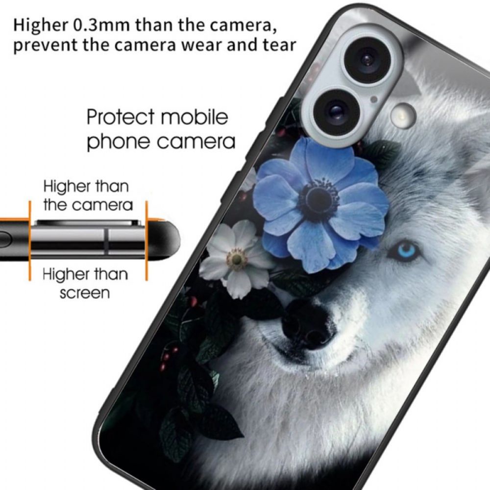 Hoesje iPhone 16 Plus Wolf En Blauwe Bloem Gehard Glas