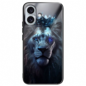 Hoesje Voor iPhone 16 Plus Blauwe Leeuw Gehard Glas