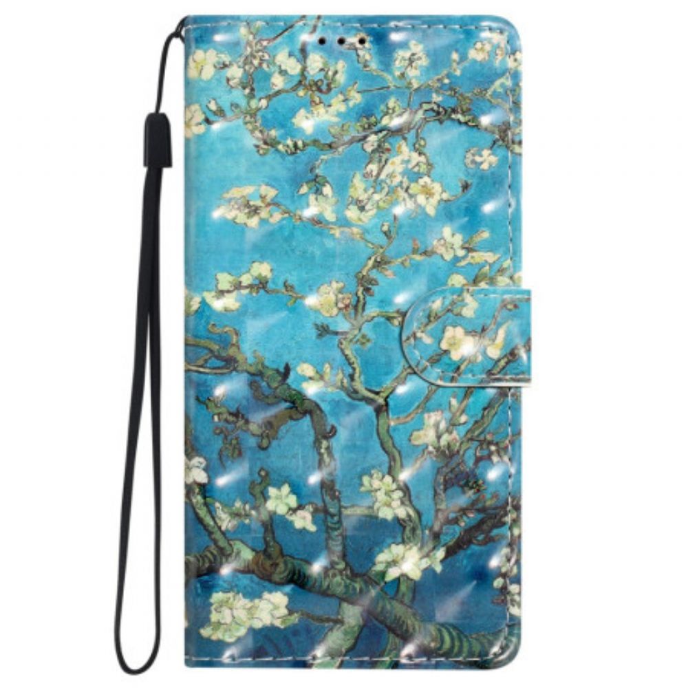 Leren Hoesje iPhone 16 Plus Abrikozenbloemen Met Riempje Bescherming Hoesje