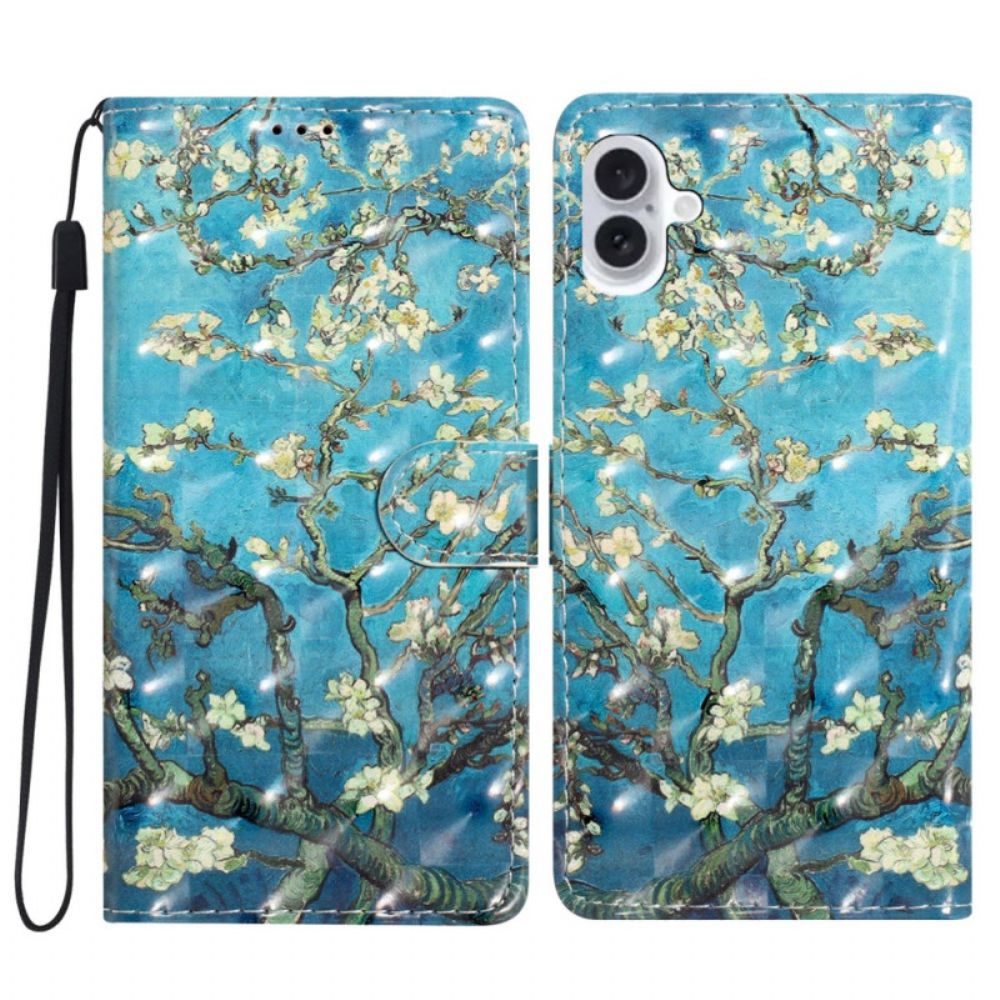 Leren Hoesje iPhone 16 Plus Abrikozenbloemen Met Riempje Bescherming Hoesje