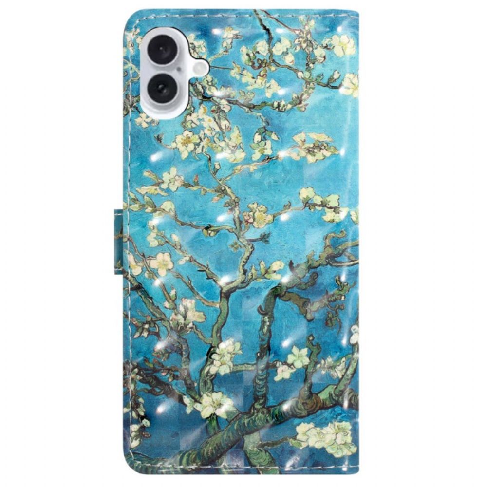 Leren Hoesje iPhone 16 Plus Abrikozenbloemen Met Riempje Bescherming Hoesje