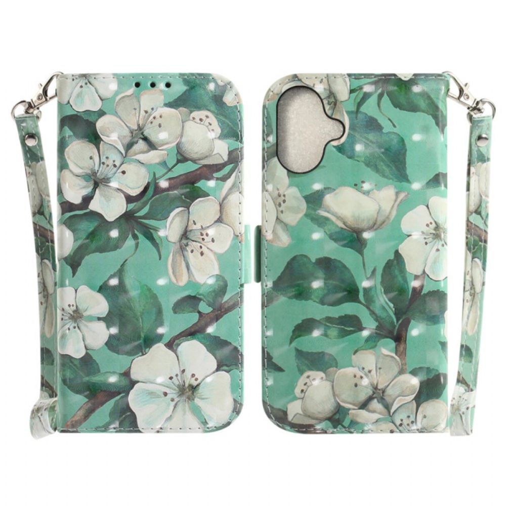 Leren Hoesje iPhone 16 Plus Aquarelbloemen Met Riempje Bescherming Hoesje